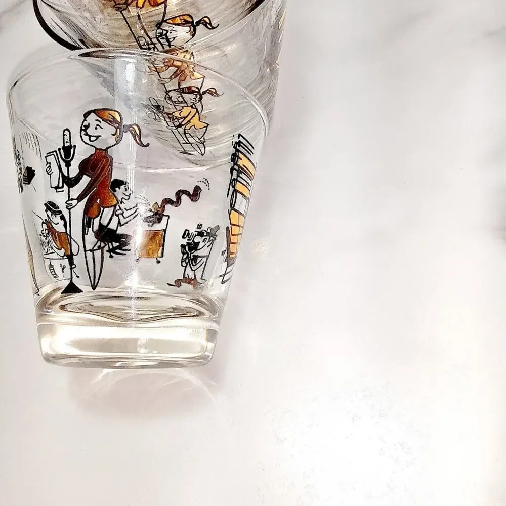 Mid Century modern Double drinking  Glasses  Set of 5 Pressroom Characters